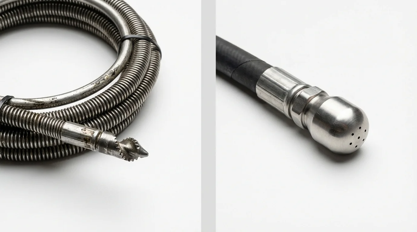 Drain snake cable and hydro jetting nozzle used for drain cleaning in Meeker, CO