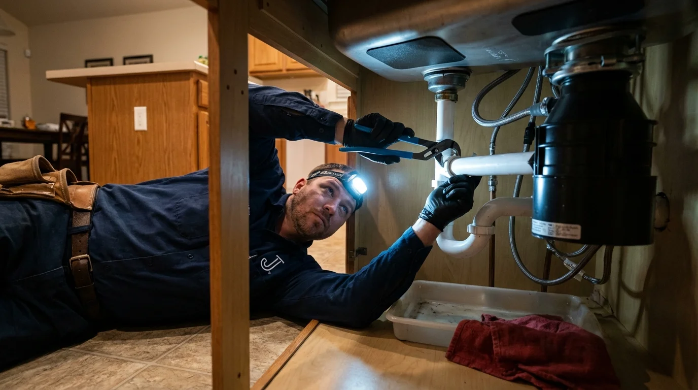 P-trap and supply line connections under a kitchen sink showing a common leak point in Meeker, CO